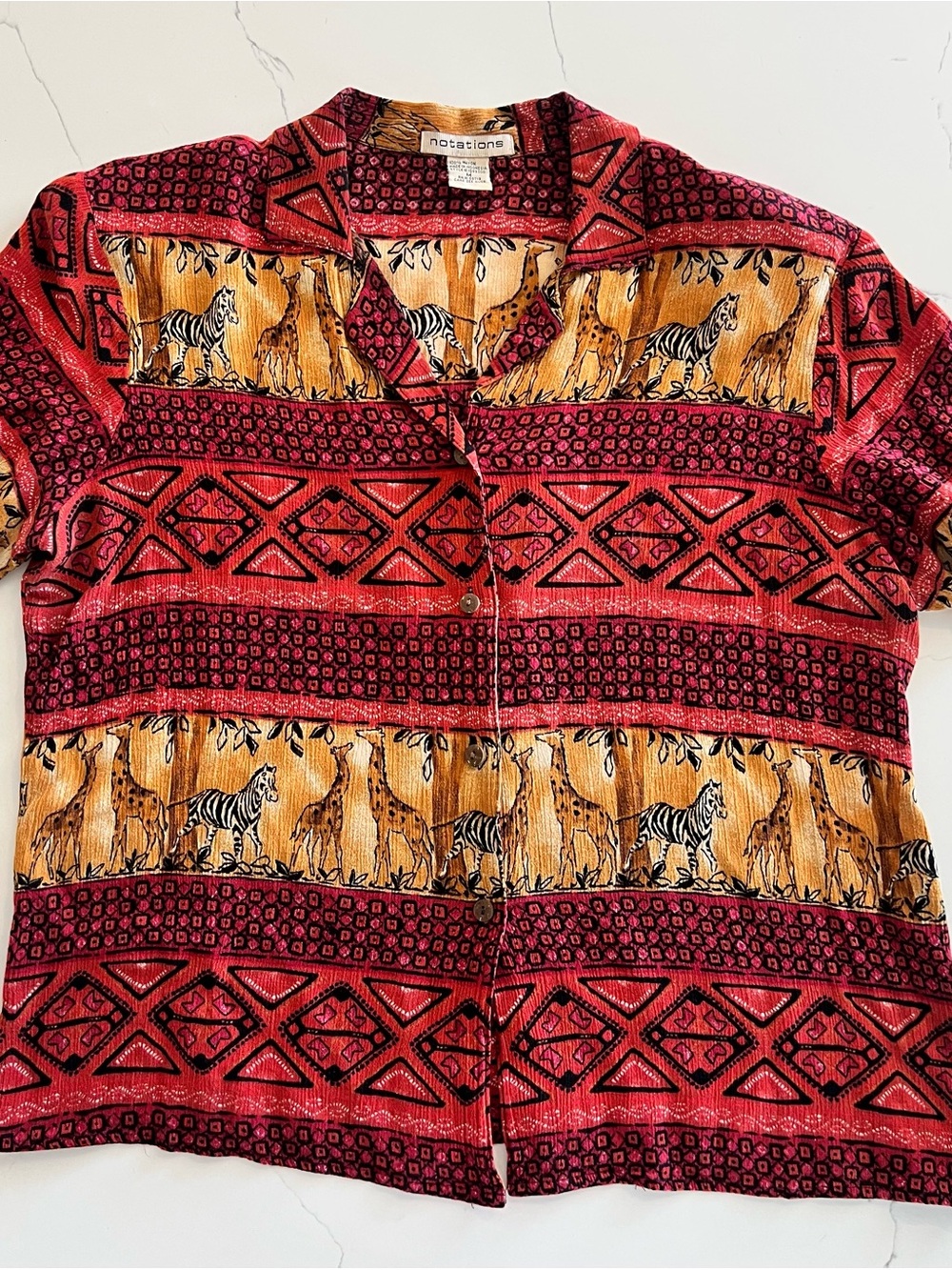 Vintage Notations Animal Print Button-Front Short Sleeve Shirt